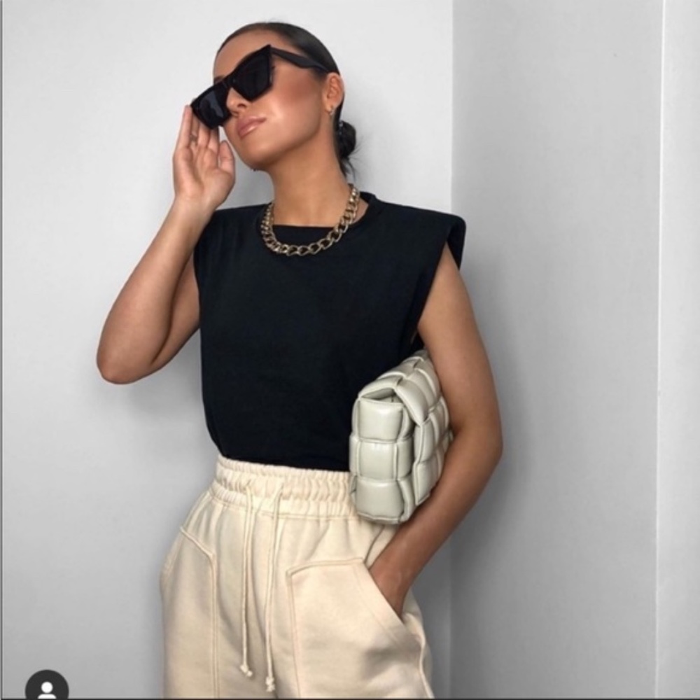 MAJE Black Stretch Viscose Padded Shoulder Silver Lurex Sleeve Trim Top 2 S